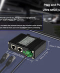 Industrial Gigabit Passive 24V PoE Injector With 12-24V DC Input To 24V PoE Output, shown with dimensions and cables.