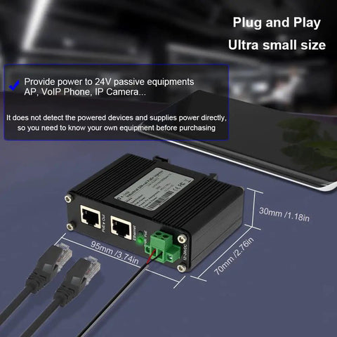 Industrial Gigabit Passive 24V PoE Injector With 12-24V DC Input To 24V PoE Output, shown with dimensions and cables.