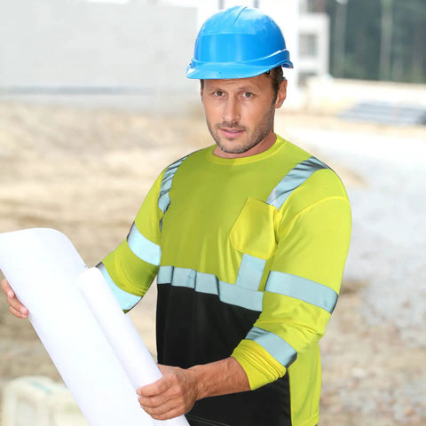 Six Pack High Visibility Long Sleeve Safety T Shirts For Men With Reflective Strips And Chest Pocket Fluorescent Yellow Hi Vis Workwear XL For Nighttime Visibility worn by man on construction site