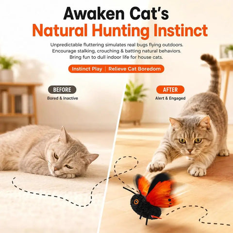 Totally Interactive Cat Butterfly Toy With Sensor Flight And Realistic Wing Motion That Sparks Hunting Instincts, Durable Plush Flapping Butterfly For Solo Indoor Play, Yellow 1pc shown with cat