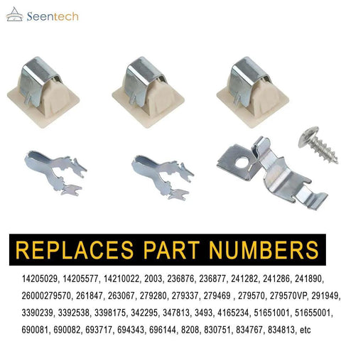 Dryer Door Latch Strike Kit For Whirlpool Kenmore Replacement Part includes metal latches, plastic strikes, and screws.