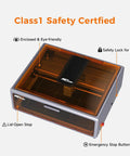 Falcon A1 10W Laser Engraver with Fully Enclosed Design, safety features highlighted, orange enclosure, Class 1 safety certified