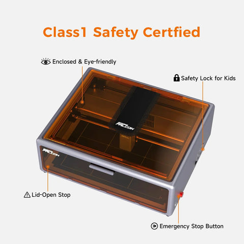 Falcon A1 10W Laser Engraver with Fully Enclosed Design, safety features highlighted, orange enclosure, Class 1 safety certified