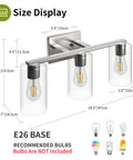 Three Light Sleek Brushed Nickel Bathroom Vanity Light With Clear Glass Shades Metal Wall Mount Fixture size display