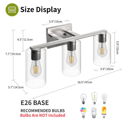 Three Light Sleek Brushed Nickel Bathroom Vanity Light With Clear Glass Shades Metal Wall Mount Fixture size display
