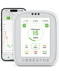Smart Indoor Air Quality Monitor With Real Time CO2 PM1 PM2.5 PM10 TVOC HCHO Temperature And Humidity Data Via App For Home Office And Classrooms Plug And Play Hassle Free Setup Actionable Alerts And Peace of Mind For Healthier Air, white unit with app screen