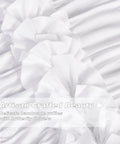 Close-up of white blackout drapes with handmade ruffles and butterfly flower accents, heavy thermal window curtain set.
