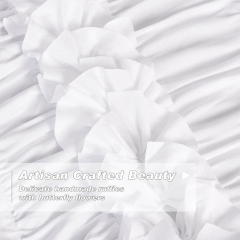 Close-up of white blackout drapes with handmade ruffles and butterfly flower accents, heavy thermal window curtain set.