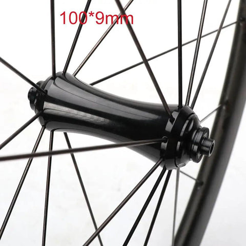 Close-up of 700C Carbon Fiber Wheelset With 50mm Fat Rim For Road Bikes V Brake Compatible Quick Release Front 100mm hub detail