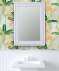 Tropical Botanical Vinyl Wallpaper Featuring Subtle Leather Texture Built Different Heavy Duty Commercial Grade Finish Custom Printed Paste Required showcased in a bathroom with a mirror.