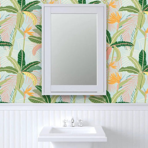 Tropical Botanical Vinyl Wallpaper Featuring Subtle Leather Texture Built Different Heavy Duty Commercial Grade Finish Custom Printed Paste Required showcased in a bathroom with a mirror.