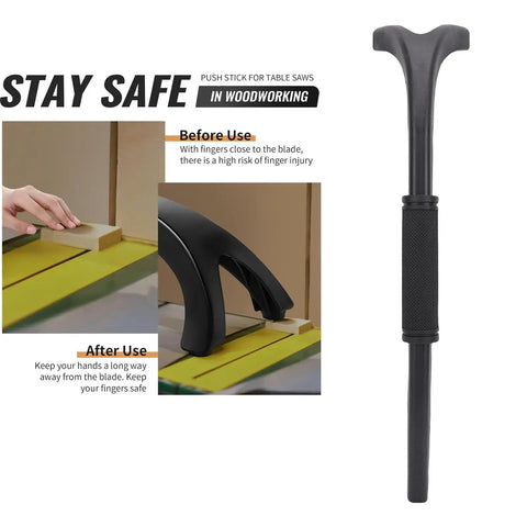 Miter Saw Hold Down Stick With Forked Design And Upgraded Rubber Feet, Ergonomic Table Saw Push Handle For Woodworking shown with safety tips