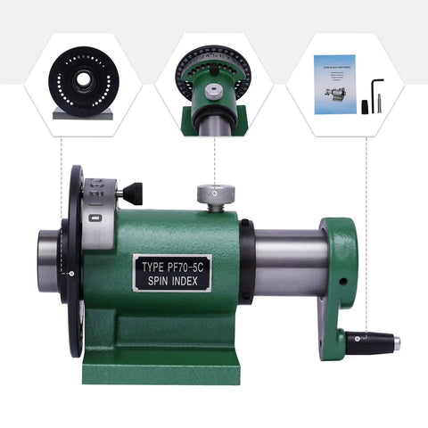 Rock Solid Spin Indexing Jig With Standard 5C Collet And Heavy Duty Cast Steel Body showing front view with adjustable knob and measurement dial.
