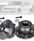 Front Wheel Hub And Bearing Assembly Set That Fits Jetta GTI Passat Beetle Tiguan Audi A3 Quattro Q3 TT With Four Bolt Flange Replace OE 513253 And 1K0498621 2 Piece Pack, with bolts, front view.