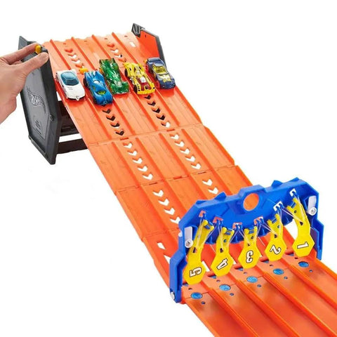 Orange Roll Out Raceway Track Set with cool collapsible design and built-in storage for up to eighty die cast cars and five track pieces