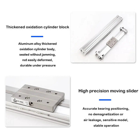 Heavy Duty Pneumatic Rodless Cylinder Mechanical Joint Shock Absorber with thickened oxidation cylinder block and slider.