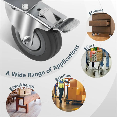 3 Inch Swivel Caster Wheels Set Of 4 With Dual Locking Brakes And Rubber Tread, showing applications for cabinets, carts, dollies, workbenches.
