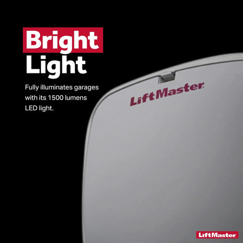 Close-up of Ceiling Or Wall Mounted MyQ LED Garage Light With Remote And Timer To Close, 1500 Lumens, showing LiftMaster branding.