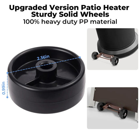 Two Pack Patio Heater Wheels Replacement Parts For Most Round Stand Up And Pyramid Propane Heaters Heavy Duty PP Wheels 58mm Diameter Durable Outdoor Replacement Kit, showing black 58mm wheels and installation examples.