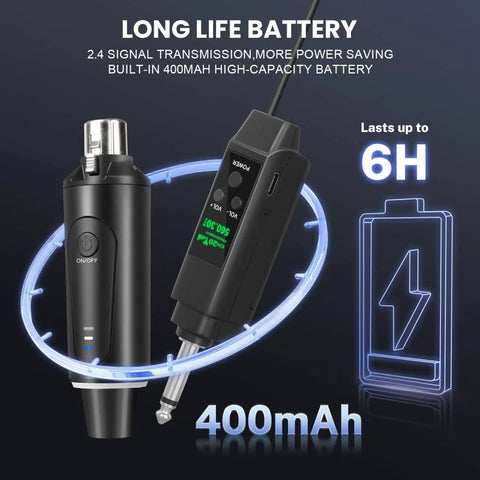 Two Transmitters 2.4G Wireless Microphone System With Receiver And Volume Control displayed with battery life and specs