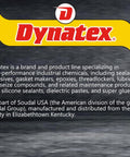 Dynatex logo with brand description highlighting high-performance industrial chemicals including sealants and adhesives.