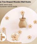 Pine tree shaped wooden wall hooks set on wall with wicker basket, made of beech wood, dual-purpose hook and handle