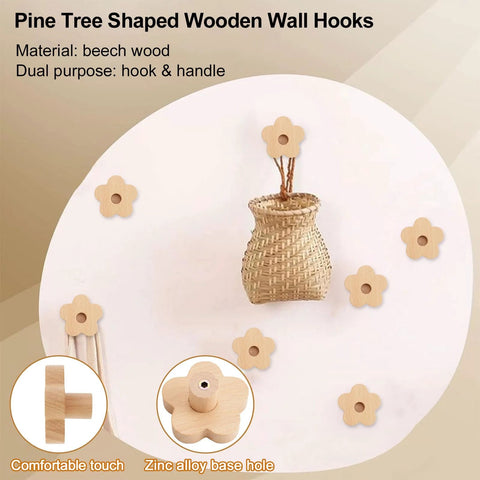 Pine tree shaped wooden wall hooks set on wall with wicker basket, made of beech wood, dual-purpose hook and handle