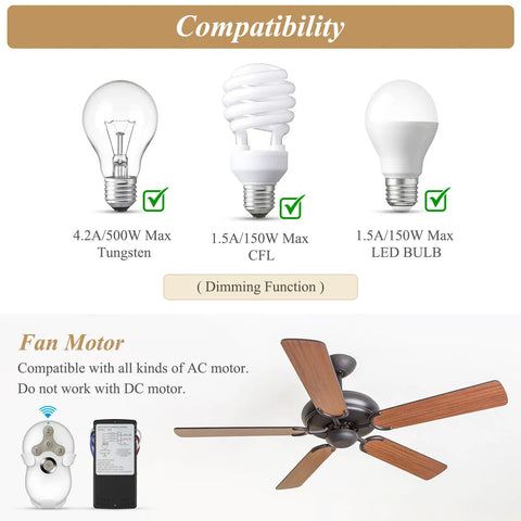 Ceiling Fan Remote Control Kit With 3 Speed Settings And Dimmer, Universal Receiver Compatible With Most Ceiling Fans, light bulb compatibility and fan motor details