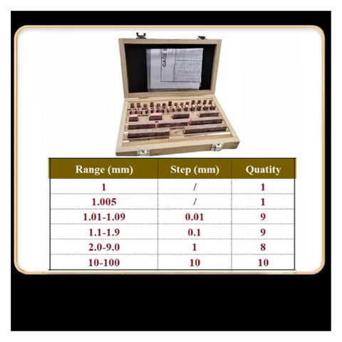 Heavy Duty 38 Piece Hss Tool Steel Gauge Block Set Ranging From 1 To 100Mm With Insanely Precise 0 0001Mm Calibration Rating For Router And Table Saw Tools in wooden case with calibration chart.