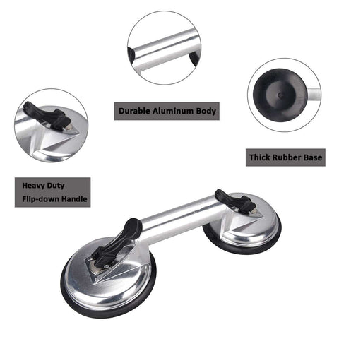 Two Pack Beefy Glass Suction Cups Vacuum Lifter with Aluminum Body and Rubber Base, built for lifting windows, glass panels, tiles, mirrors, and granite, double gripper plate for extra grip, up to 85kg, shown with handle and components labeled.
