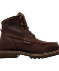 Side view of 6-Inch Moc Toe Work Boots for Men in Ocre Brown Full Grain Leather, oil resistant and slip-resistant features visible.