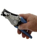 Stripmaster Manual Wire Strippers For 16 To 26 AWG Handheld Electrician Tool in hand with blue grips, side view