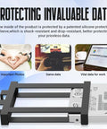 Portable External Hard Drive 1TB USB 3.0 USB-C Storage Expansion showing protective sleeve and usage for photos, games, work data.