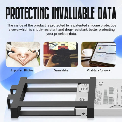 Portable External Hard Drive 1TB USB 3.0 USB-C Storage Expansion showing protective sleeve and usage for photos, games, work data.