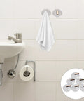 Six Pack Peel And Stick Wall Hooks With Rock Solid Hold For Zero Hassle Bathroom Setup Self Adhesive Hangers For Towels Hats Coats And Everyday Carry holding a towel in a bathroom setting.