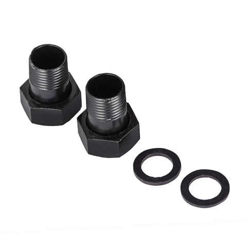 Two black threaded brass 3/4 inch NPT fittings with washers for Hot Water Recirculating Pump With Brass 3/4 Inch NPT Fittings.