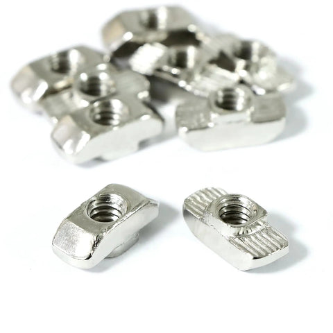 Drop-In T-Nut 1/4-20 Threaded Steel, nickel-plated, scattered view for aluminum extrusion profiles, 20 pack