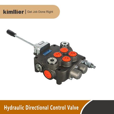 Kimllier two-spool hydraulic directional control valve with joystick and SAE ports, orange port caps, double-acting