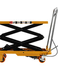Heavy Duty Hydraulic Scissor Lift Cart 330 Pound Capacity Built Tough with orange lifting table and black scissor frame.