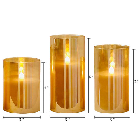 Gold Glass Flameless LED Candles Set Of 3 With 10Key Remote And Timer Real Wax Finish Warm White Flicker Battery Operated For Safe Mess Free Ambience And Cozy Home Decor Perfect For Tables Mantels And Candles set of 3 sizes 4, 5, 6 inches