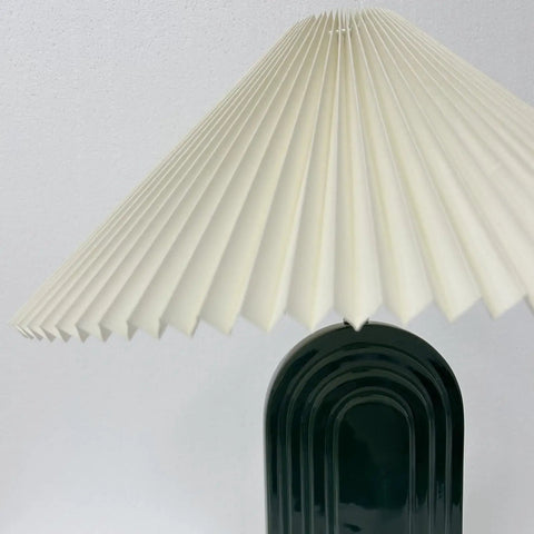 LED Bedside Table Lamp With Pleated Shade Cream Ceramic Retro Rural Style Ambient Light close-up view on green base and shade