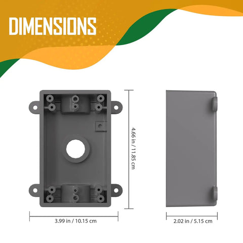 Dimensions of Weatherproof 1 Gang Electrical Outlet Box In Gray Beefed Up For Wet Locations Fits One Half Or Three Quarter Inch Conduit Includes Three Quarter Inch Reducer Bushings And Closure Plugs PVC Construction Corrosion Resistant UL Listed