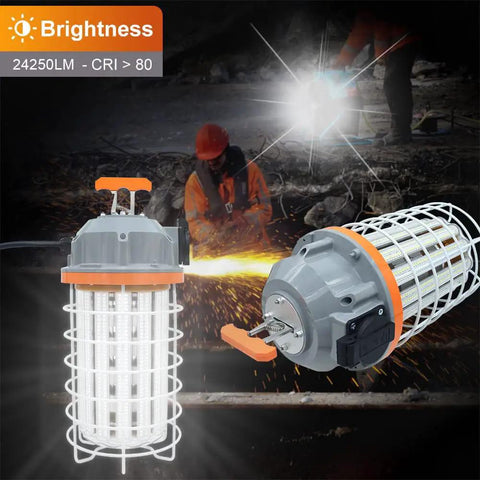 Beefy 150W LED Temporary Work Light IP64 Portable Linkable 24250 Lumens 5000K Daylight shown in use at a job site