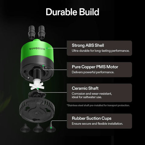 Submersible Water Pump 210 GPH 10W With Adjustable Flow Four Point Nine Foot Tubing Ceramic Shaft Outlet Adapters durable build diagram