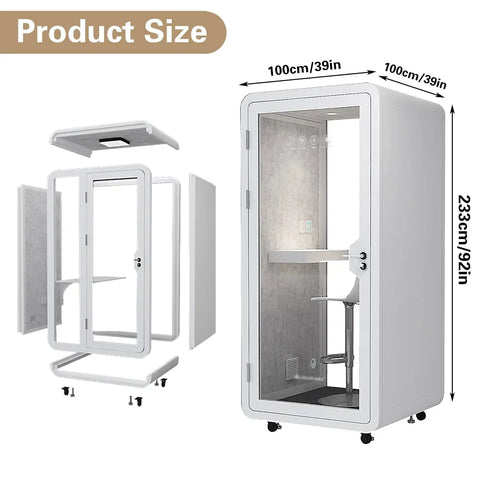 The Real Deal Portable Soundproof Pod, Straight Up Noise Blocking Work Booth For One, showing dimensions and interior layout.