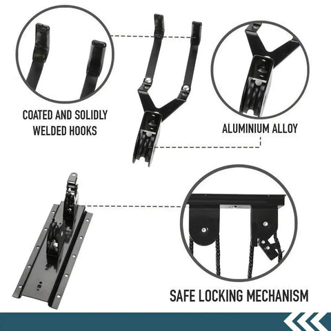 Garage Ceiling Bike Hoist Space Saver Must Have Heavy Duty Bicycle Lift With 3 Pulley System And 45 Feet Adjustable Rope Mountain Bike Hanging Rack Easy Lift And Store Up To 100 Lb Capacity components showing hooks, alloy material, and locking mechanism detail.