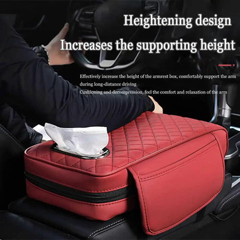 Premium Waterproof PU Leather Center Console Armrest Booster Cushion Pad Fit For Tesla Cybertruck 2025 with tissue holder.