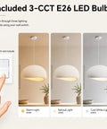 Bennyes Wabi Sabi Pendant Light 19.7 in White Modern Pendant Lights 3 Color Adjustable LED Bulb showing warm, natural, and cool light settings.