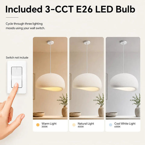 Bennyes Wabi Sabi Pendant Light 19.7 in White Modern Pendant Lights 3 Color Adjustable LED Bulb showing warm, natural, and cool light settings.