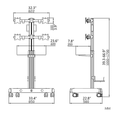 Kick Up Your Tech Game With This Heavy Duty Quad Monitor Stand Floor Mount featuring dimensions and height adjustment details.